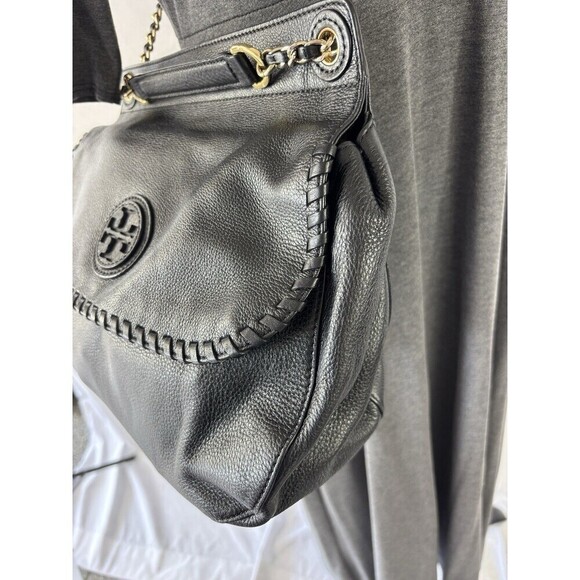 Tory Burch Marion Black Pebbled Leather 2-Way Whipstich Chain Strap Shoulder Bag - Picture 2 of 16
